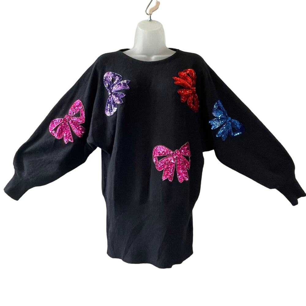 VINTAGE 80s Spree International Batwing Angora Sweater with Sequin Bows Sz Med
